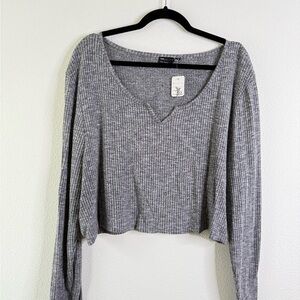 ASOS Curve Gray V-Neck Ribbed Blouse